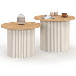 Lot de 2 tables basses gigognes kanel rondes 40 / 45 effet cannel� beige et plateau bois