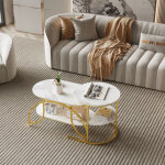 Lot de 2 tables basses gigognes ? plateau marbre blanc ? cadre en acier dor� ? plateaux ronds ? 2 niveaux ...