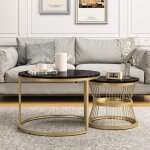 Dans les nuages ? lot de 2 tables basses gigognes rondes 70 cm ? plateau en bois effet marbre pvc ? pieds ...