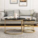 Lot de 2 table basses gigogne rondes, 70 cm - avec étagères, brillant plateau en bois effet marbre pvc, ... Lot de 2 table basses gigogne rondes, 70 cm - avec étagères, brillant plateau en bois effet marbre pvc, ...