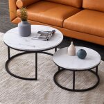 Lot de 2 table basse gigogne ronde, 80 cm - plateau en bois effet marbre pvc et pieds mtal, design industriel ...