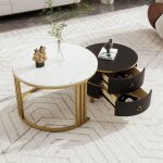 Fortuna lai - lot de 2 table basse gigogne ronde, en mdf, avec 2 tiroirs pour salon, 70x70x45 + 50x50x40 ...