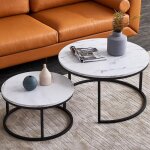 Tanant ? lot de 2 tables basses gigognes rondes 80 / 40 cm ? plateau marbre blanc ? structure m�tal noir ...