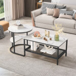Lot de 2 tables basses gigognes ? style scandinave moderne ? forme ronde et rectangulaire ? plateau effet ...