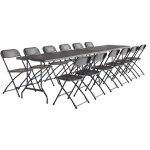 Lot de 2 tables de r�ception pliables en plastique gris 180cm + 12 chaises d'appoint. table de camping ...