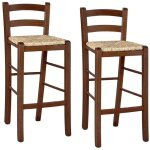 Lot de 2 tabourets de bar en bois et assise en paille de noyer fonc� h 67 cm