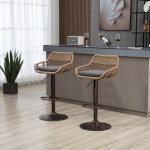 Lot de 2 tabouret de bar avec repose - pieds, hauteur r�glable, tabouret pivotant, en rotin, pieds en ...