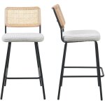 Homifab - lot de 2 chaises de bar en cannage et velours c�tel� beige, pi�tement noir - muse