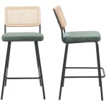 Homifab - lot de 2 chaises de bar en cannage et velours c�tel� vert, pi�tement noir - muse