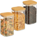 Relaxdays - lot de 3 bocaux en verre, couvercle en bambou, carré, conservation, 1200 ml, hermétique, ... Relaxdays - lot de 3 bocaux en verre, couvercle en bambou, carré, conservation, 1200 ml, hermétique, ...