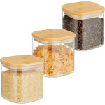 Relaxdays - lot de 3 bocaux en verre, couvercle en bambou, carré, conservation, 600 ml, hermétique, transparen ... Relaxdays - lot de 3 bocaux en verre, couvercle en bambou, carré, conservation, 600 ml, hermétique, transparen ...