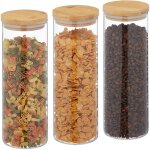 Lot de 3 bocaux en verre, couvercle bambou, bocal conservation rond, 1600 ml, herm�tique, transparent ...