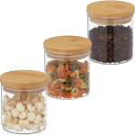 Lot de 3 bocaux, verre, petits pots avec couvercle en bambou, 500 ml, hermtique, transparent / nature ...