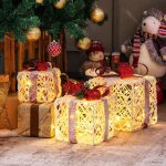 Lot de 3 botes  cadeaux lumineuses de nol 60 led avec minuterie 6h et pommes de pin et feuilles pour ...