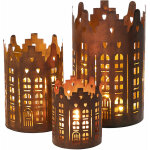 Lot de 3 photophores rouills - motif : maisons - mtal / env. 20, 15, 10 cm