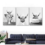 Lot de 3 posters de salle de bain - motif vache des highlands - impression murale en noir et blanc - ...