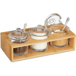 Lot de 3 pots  pices, salire, sucrier, avec support en bambou, cuillre et couvercle, nature / transparent ...
