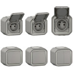 Lot de 3 prises + 2 va - et - vient + commande double plexo complet saillie - gris (069792l)