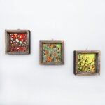 Lot de 3 tableaux chronosol 15x15cm pin massif naturel et toile fleurs abstrait