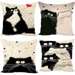 Lot de 4 45 x 45 cm en coton et lin imprim� noir et blanc chat housse de coussin carr� pour lit voiture ...