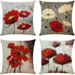 Lot de 4 housses de coussin 45, 7 x 45, 7 cm, motif fleurs rouges, 45 cm x 45 cm, style boh�me en lin ...