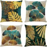 Lot de 4 housses de coussin 45x45 cm carr�es en feuilles vertes et dor�es housse coussins de canap� en ...