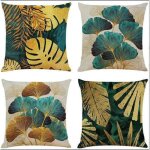 Lot de 4 housses de coussin carres en feuilles vertes et dores housse coussins de canap en lin pour ...