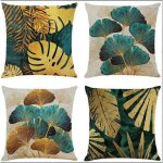 Lot de 4 housses de coussin carr�es en feuilles vertes et dor�es housse coussins de canap� en lin pour ...