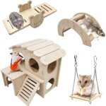 Lot de 4 jouets pour hamster en bois, jeux pour hamster comprenant maison hamster pont balancoire, accessoire ...