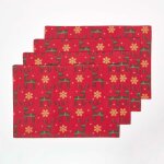 Lot de 4 sets de table no�l rennes rouge en coton - homescapes