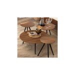 Hellin - lot de 4 tables basses rondes en teck marron et métal noir - doxy Hellin - lot de 4 tables basses rondes en teck marron et métal noir - doxy