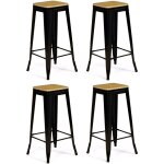 Idmarket - lot de 4 tabourets de bar leny mtal noir mat assise bois empilable aspect brut factory