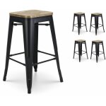 Kosmi ? lot de 4 tabourets de bar m�tal noir mat ? assise bois clair ? hauteur 66 cm ? empilables pour ...