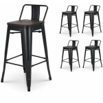 Kosmi - lot de 4 tabourets de bar en m�tal noir mat style industriel avec dossier et assise en bois fonc� ...