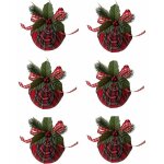 Lot de 6 boules de nol, boules de nol rouges en forme de tartan avec n?ud et feuilles vertes - dcoration ...