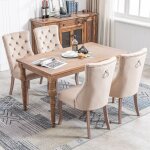 Lot de 6 chaises de salle � manger en velours, dossier haut, pieds en bois, beige