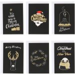Lot de 6 x carte de voeux nol brillante noire et dore avec enveloppe blanche - pack carte noel originale ...
