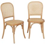 Lot de deux chaises naturelles vintage en bois avec assise et dossier en rotin