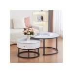 Lot 2 tables basses gigognes novela avec tiroir c�ramique marbre blanc m�tal noir d80 / d60x45 / 40cm ...