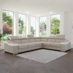Mobilier deco - lucky - canap d'angle convertible rversible en tissu velours beige et simili cuir blanc ...