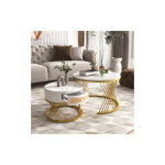 Lunsy - table basse ronde 2 en 1 en mdf, table d'appoint avec plateau en marbre et tiroirs en rotin synth�tiqu ...