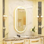 Miroir mural salle de bain ovale lumineux anti - bu�e avec cadre dor� complet finition givr�e avec interrupteu ...