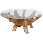 M&s - table basse ronde 110x50 en teck et plateau en verre