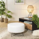 Macabane - agathe - pouf rond tissu bouclette blanc pieds crois�s m�tal noir