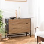 Macabane - charlie - commode marron et noire 3 tiroirs pin pieds m�tal noir