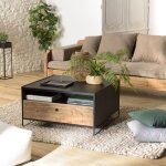 Macabane - dandy - table basse noire 80x80cm 1 tiroir bois pin recycl� et m�tal