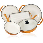 Mahlzeit set de 5 po�les en fonte, sunny orange, po�les � griller, plaque de gril et po�le � paella