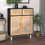 Maison chic - buffet meuble de rangement commode bahut noir 60x30x75 cm bois de pin massif et rotin naturel ...