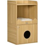 Pawhut - maison de toilette chat - porte, niche avec coussin, plateau - panneaux aspect bois clair