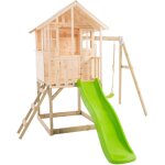 Maisonnette modulable sur pilotis avec balcon, glissi�re et une balan�oire basilic en bois fsc�